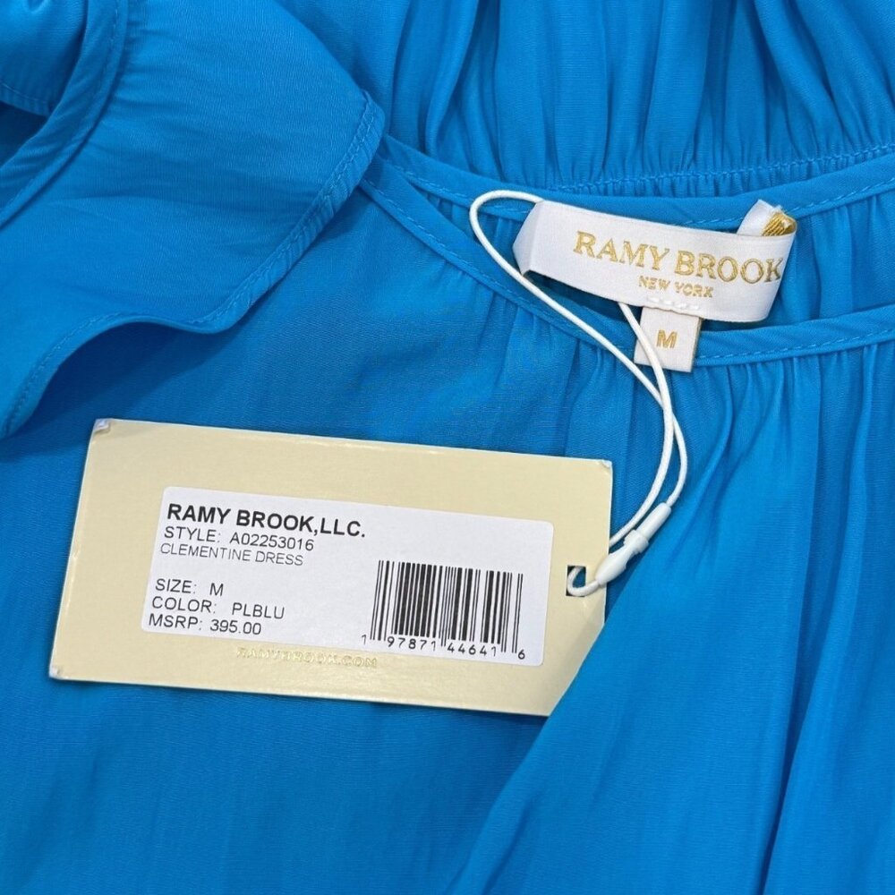 Ramy Brook Clementine Dress Blue Ruffle-Sleeve Smocked-Waist Womens Size M NEW - Picture 4 of 9